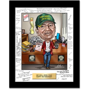 framed retirement caricature with signable mat