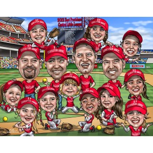 youth baseball league in stadium caricatures