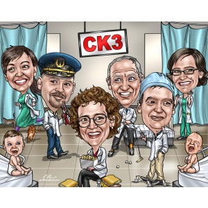medical team caricatures gift busy exam room
