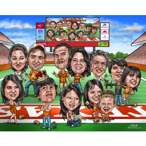 family caricatures as sports team on field