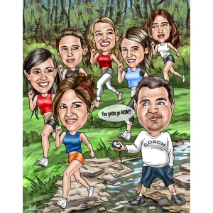 team hiking caricature with thought bubble