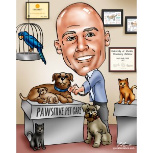 caricature gift veterinarian dogs parrot diploma