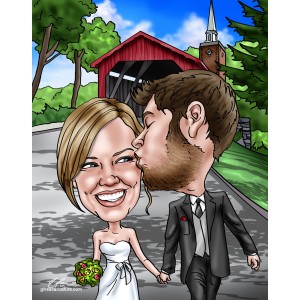 wedding couple in front of covered bridge