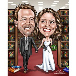 bride and groom in library caricature gift