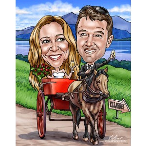newlywed couple horse-drawn carriage caricature