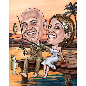 fishing wedding couple dock sunset caricature