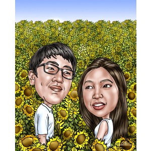 wedding couple gift sunflower field caricature