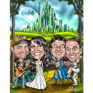 wedding group caricatures batman emerald city