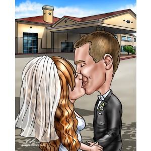 wedding couple kissing at venue caricatures