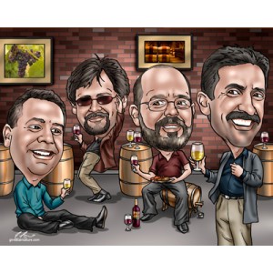 caricatures corporate groomsmen wine cellar barrels