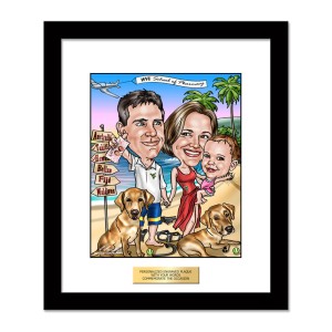 anniversary family caricatures frame dogs beach