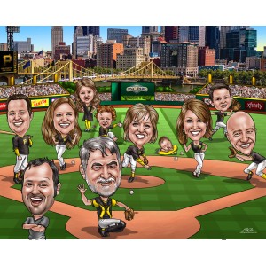 corporate group caricature baseball team on field