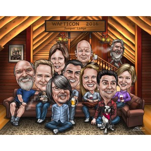 corporate group caricatures in log lodge