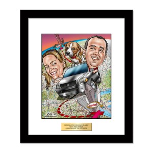 couple dog farewell framed caricatures over map