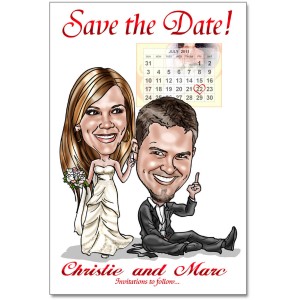 save the date caricature engaged couple