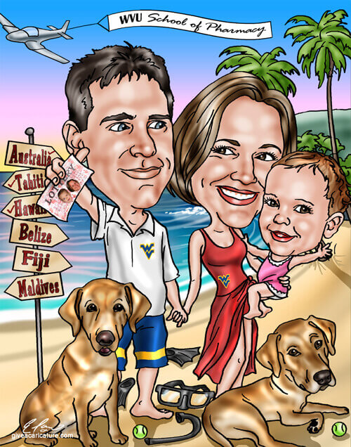 anniversary caricature with parents, baby, dogs