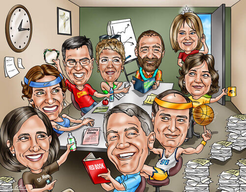 corporate award caricature showing team at conference table