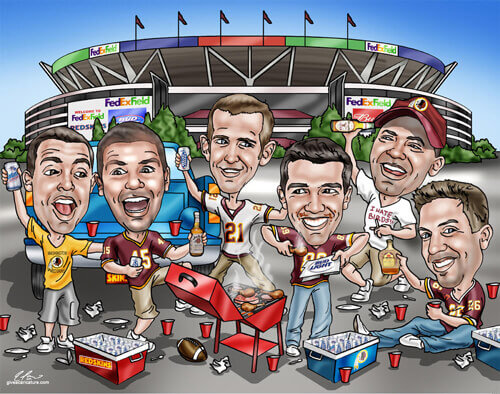 groomsmen gift caricature showing guys outside a stadium